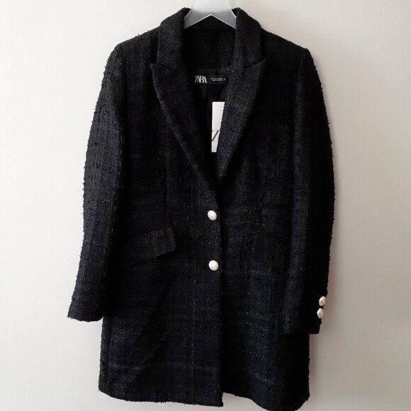 NWT Zara black textured tweed-like longer line blazer coat, M - Picture 11 of 12